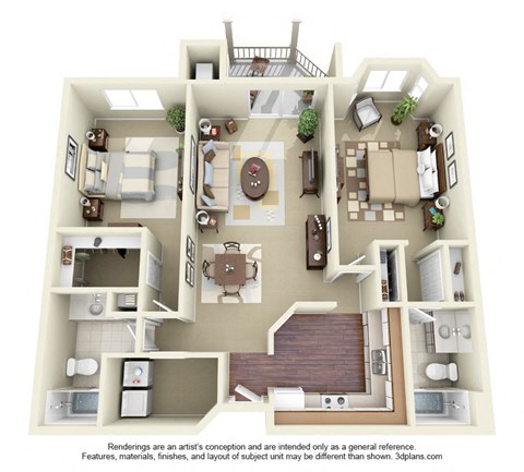 Floor plan for 2 beds, 2 baths, 1155 sqft